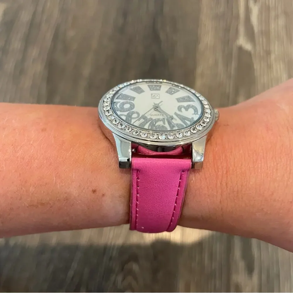 NY&CO Bright Pink Leather Band Watch w/ Rhinestone Face